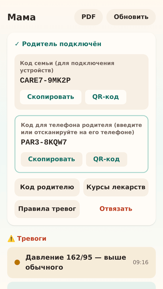 Лента показателей и тревоги на телефоне наблюдателя